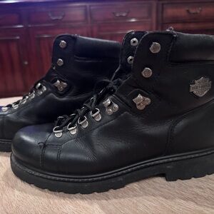 Harley-Davidson Black Leather Lace-Up Moto Boots with Metal Hardware